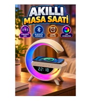 Kablosuz Şarjlı LED Işıklı Masa Saati Bluetooth Hoparlör Alarm Özellikli