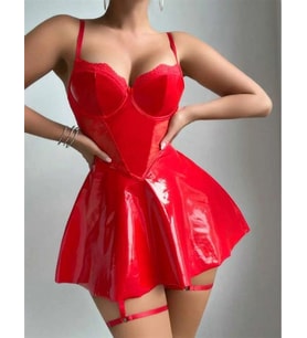 Amora Secret Kırmızı Parlak Deri Şık Bacak Bantlı Fantezi Club Elbise