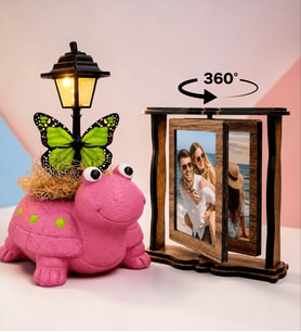 Size Özel 2 Fotoğraflı Dönen Ahşap Çerçeve ve Sevimli Pembe Kaplumbağa Masa Lambası