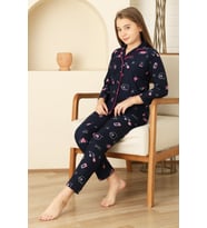 Kız Çocuk Pat Yakalı-Baskılı ve Düğme Kapamalı-%100 Pamuk Pijama Takımı 12352 MODANINO (Koyu Lacivert)