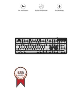 Torima TK-09 Siyah+Beyaz Retro Daktilo Görünümlü Kablolu Q Klavye (Siyah - Beyaz)