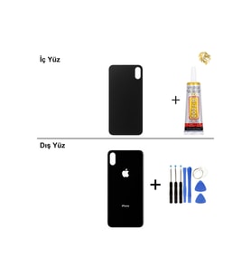 iPhone X Siyah Arka Kapak Arka Cam Batarya Kapağı Lazer Kesim Kapak Pil Kapağı + B-7000 Yapıştırıcı + Tamir Seti