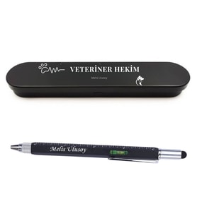 Veteriner İçin Kişiye Özel Hediye Seti - Su Terazili, Cetvelli Teknik Kalem ve Şık Metal Kutulu