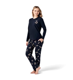 Arnetta %100 Pamuk Geyik Desen Bayan Pijama Takım (Lacivert)