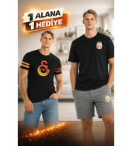 Galatasaray Lisanslı Siyah Basic ve Siyah Logo Baskılı T-shirt Hediyeli