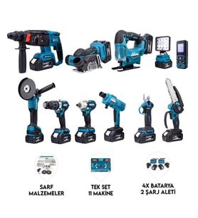 Onbirli Set (Led Işık+Ş.Hilti+Ş.Spral+S.Sıkma+13mm Matkap+Ş.Testere+Bağ Makası+Ş.Dekupaj+Lazer Metre+Oto Yıkama+Çok Fonksiyonlu Avuç Taşlama)