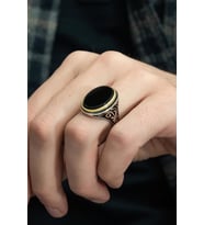Oval Siyah Oniks Taşlı 925 Gümüş Erkek Yüzük