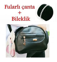 2'li Çanta-Takı Seti (Fularlı Çanta & Takı) (Siyah - Gümüş)