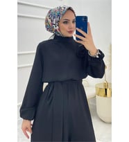 Neşeli butik kadın krep kuşaklı gül detaylı salaş tulum NMS003 (Siyah)