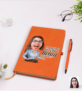 BK Gift Kişiye Özel Kadın Nihayetinde Karikatürlü Turuncu Termo Deri Defter Kalem Seti Model 2