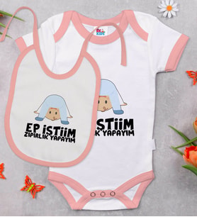 BK Kids Ep İstiim Zıpırlık Tasarımlı Pembe Bebek Body Zıbın ve Mama Önlüğü Hediye Seti-1
