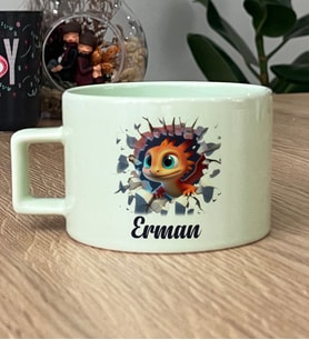 Kişiye Özel 3D Efektli Ejderha Baskılı Hediye Pastel Fincan İsimli İsim Yazılı (Yeşil)
