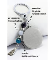 Çelik Çift Taraflı Ayetel Kürsi Nazar Ayeti Anahtarlık, Doğal Taş Akumarin, Apatit, Ametist