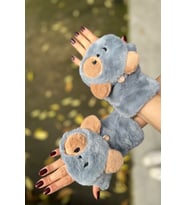 Teddy Bear Tasarım İçi Kürk Kapağı Düğmeli Premium Peluş Eldiven (Gri)