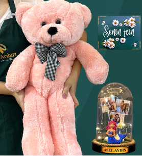 Kişiye Özel 3 Fotoğraflı, İsimli Led Işıklı Fanus ve Büyük Boy Pembe Peluş Ayıcık (Model 7)