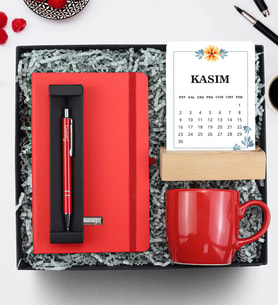 Kişiye Özel Defter & Kalem & Kupa & Takvim Hediye Seti (Kırmızı)