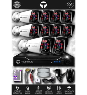 TURKNO 10 Kameralı Karia 10 Dış Kamera Set HDD'siz Full HD Gece Görüşlü Güvenlik Kamerası Sistemi