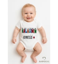 Halasının Kıymetlisi Yazılı Çıtçıtlı Bebek Body Tulum Zıbın  %100 Pamuk  0-3 Ay - 24 Ay (Beyaz)