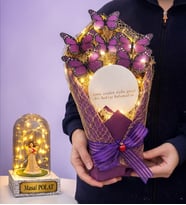 Led Işıklı Aynalı Mor Kelebek Buketi (Kişiye Özel Led Işıklı Fanus Hediyeli) (Model 2)