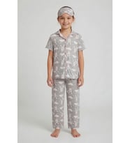 Gri Tavşan Desenli Kısa Kol Kız Çocuk Göz Bantlı Pijama Takımı 24012