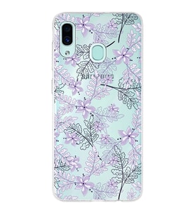 Samsung Galaxy A30 Uyumlu Kapak Floral Lila Tasarımlı Şeffaf Silikon Kılıf