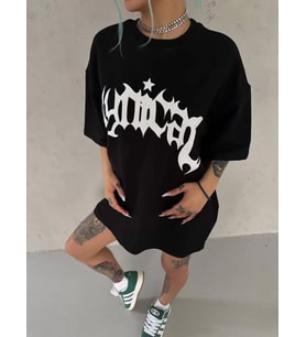 Unisex Bisiklet Yaka Baskılı Oversize T-Shirt - Siyah