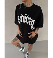 Unisex Bisiklet Yaka Baskılı Oversize T-Shirt - Siyah