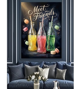 Meet Friends Yazılı Renkli İçecekler Dekoratif Kanvas - Mdf Ahşap Tablo