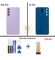 Samsung Galaxy S23 FE Mor Renk Lensli Arka Kapak + Tamir Seti + B7000 Yapıştırıcı Arka Cam Batarya Kapağı Pil Kapağı Lazer Kesim Back Cover Galaxy S23 FE Uyumlu
