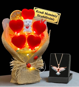 Premium Set - Kişiye Özel İsimli Led Işıklı Buket ve Renkli Zümrüdü Anka Kuşu Kolyesi (Model 3)