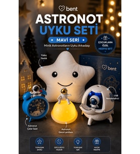 Astronot Uyku Seti Çocuk Hediye Seti Yıldız Yastık Astronot Gece Lambası USB Şarjlı Nemlendirici ve Pilli Çalar Saat 4'lü Set Mavi Seri