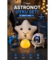 Astronot Uyku Seti Çocuk Hediye Seti Yıldız Yastık Astronot Gece Lambası USB Şarjlı Nemlendirici ve Pilli Çalar Saat 4'lü Set Mavi Seri