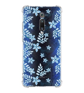Xiaomi Mi 9T Pro Köşe Korumalı Antişok Kapak Floral Mavi Tasarımlı Şeffaf Silikon Kılıf