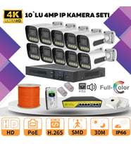 10'lu Güvenlik IP Kamera Seti - 4MP Dış Mekan Kamera, 3.6mm Lens, H.265, PoE, Warm Led Gece Görüşlü (Beyaz)