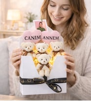 Kadınlar Gününe Özel Canım Annem Tasarımlı,Fotoğraflı Peluş Krem Ayıcık Buketi Mektup Kutu Seti