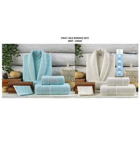 VOLENKA FIRAT SOFT LİNE 8 PARÇA AİLE BORNOZ SETİ MİNT KREM 8696474231702
