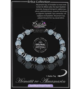 Sertifikalı Gerçek Fasetli Hematit - Akuamarin Taşı Bileklik (Mavi)