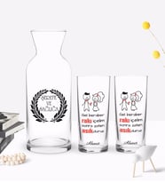 BK Gift Kişiye Özel Renkli Baskılı Gel Beraber Rakı İçelim Tasarımlı İkili Rakı Bardağı ve Karaf Hediye Seti-1 (Model 1)