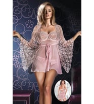 Miorre Balenli Desteksiz Şifon Babydoll Sabahlık Takım (Pembe)