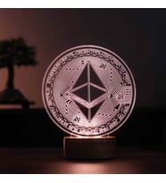 Ethereum Figürlü Dekoratif Hediye Led Masa Lambası 7 Işık Rengi Ahşap Taban (Sarı)
