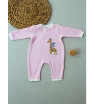 6-9 12-18 18-24 24-36 Ay Animal Nakışlı Bal Peteği Kumaş Es Fermuarlı Kız Bebek Tulumu Pembe