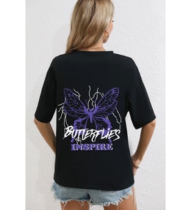 Unisex Butterfly & Letter Graphic Tasarım Tshirt (Siyah)