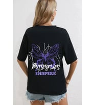 Unisex Butterfly & Letter Graphic Tasarım Tshirt (Siyah)