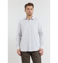 Koyu Bej Kendinden Desenli Sert Yaka Uzun Kol Cepli Comfort Fit Pamuklu Gömlek 1004255269
