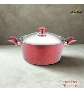 ARZU ÇELİK 28 Cm Granit Derin Tencere Çelik Kapak - Kırmızı