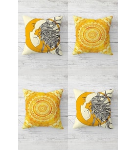 Batik Desenli Ay Ve Güneş Kız Tema Gizli Fermuarlı Kırlent Kılıfı Koltuk Yastık Kılıfı Takım(4adet) (Sarı-Gri)