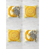 Batik Desenli Ay Ve Güneş Kız Tema Gizli Fermuarlı Kırlent Kılıfı Koltuk Yastık Kılıfı Takım(4adet) (Sarı-Gri)