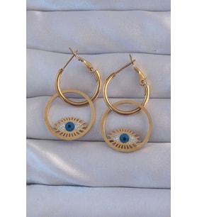 316L Çelik Gold Renk Zirkon Taşlı Mavi Göz Tasarımlı Halka Küpe TJ-BKP9161