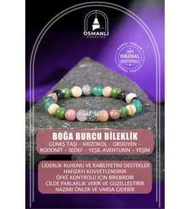 Boğa Burcu Bileklik Güneş Taşı, Krizokol, Obsidyen, Rodonit, Sedef, Yeşil Aventurin, Yeşim