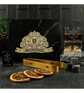 Çapa Figürlü Kişiye Özel Gold Maşalı, Çakmaklı ve Taşlı Viski Kadehi Seti